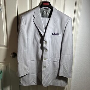 FUBU The Collection Suit Men's 46L Silver 40X31 Pants Baggy Pleated Striped